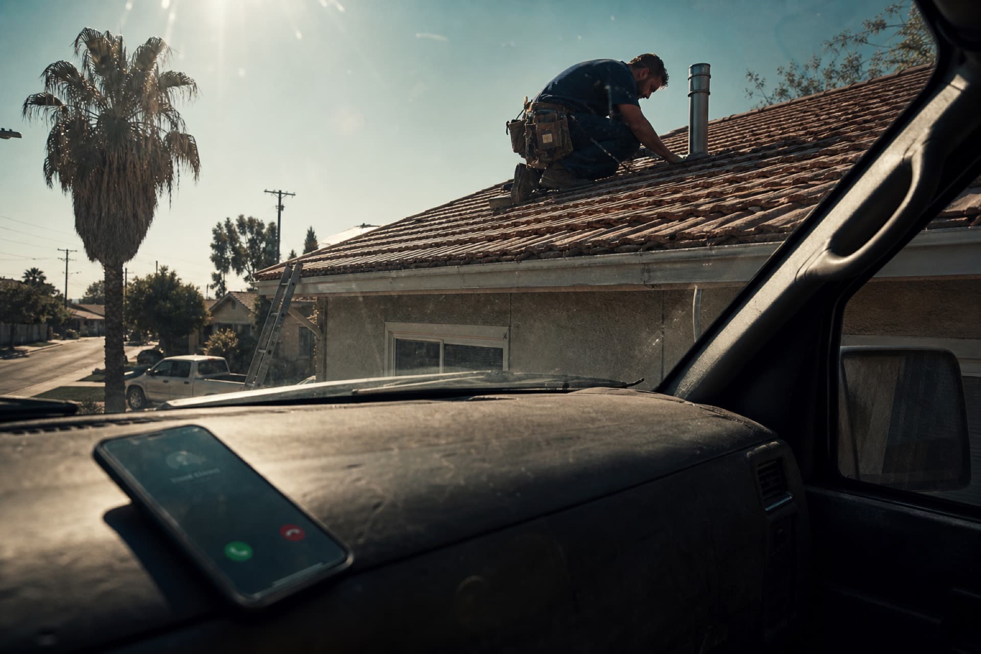 Plumber on a roof with a phone ringing on the truck dash