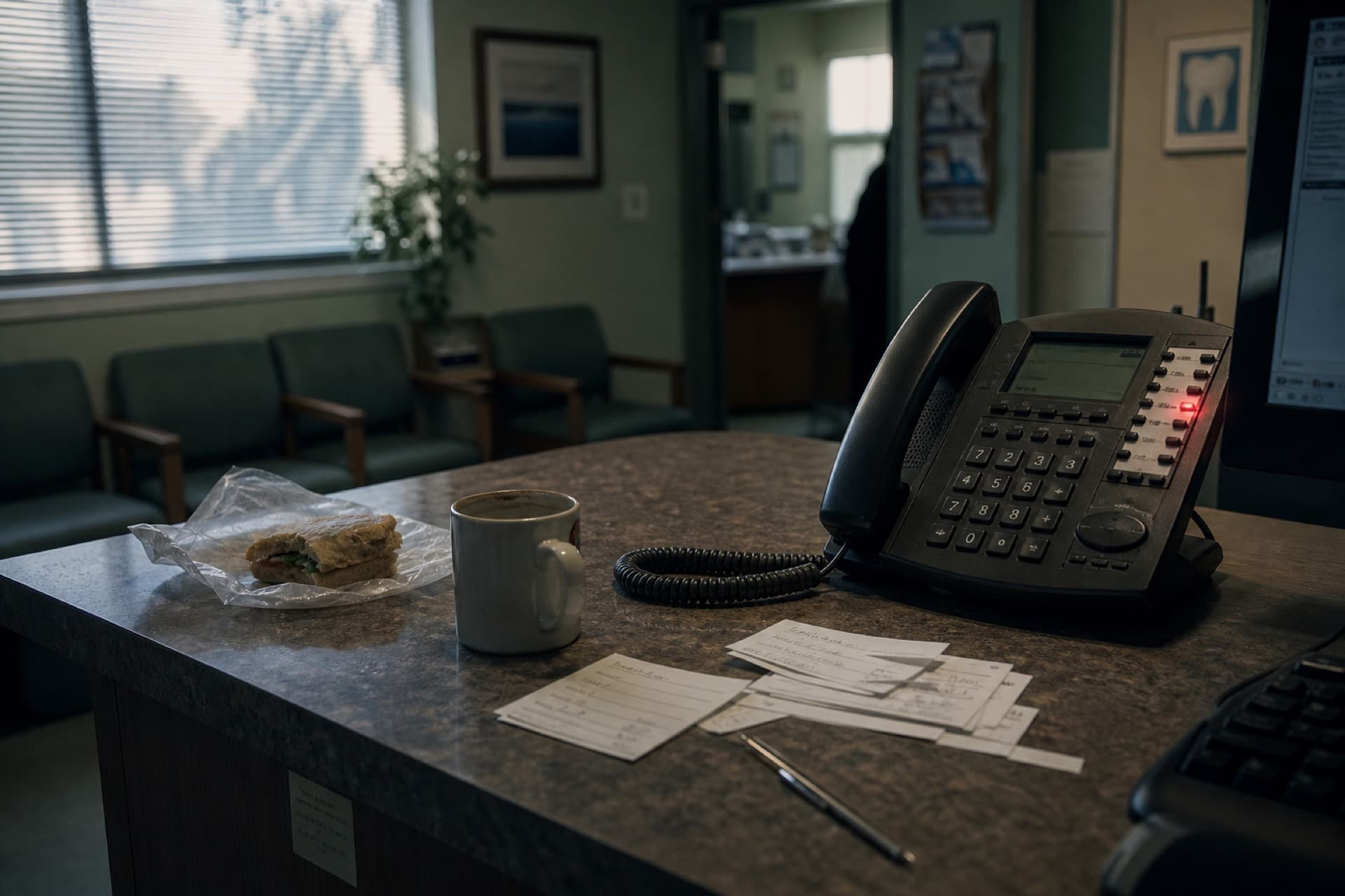 Empty dental reception desk at lunch with a blinking phone line
