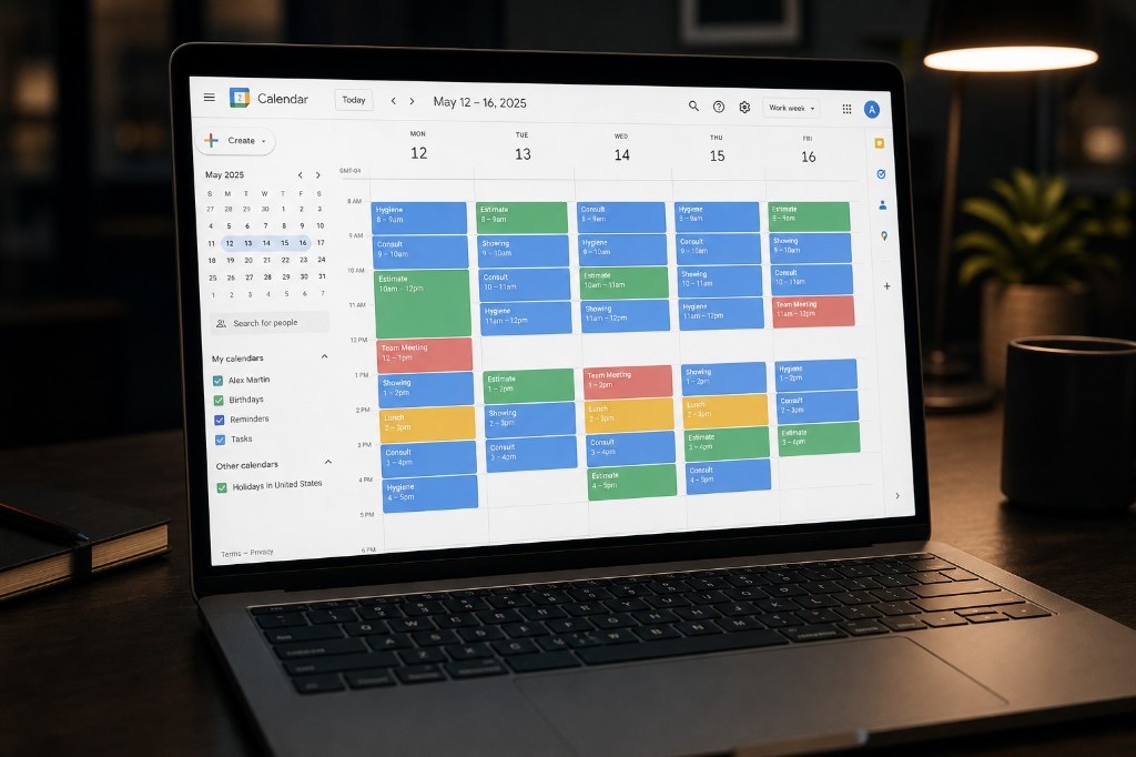 Laptop on a desk showing Google Calendar week view packed with appointments